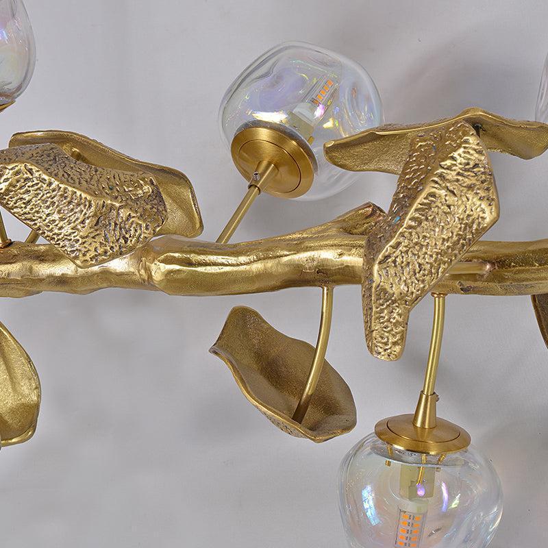Long Organic Glass Bubble Brass Leaves Branch Chandelier 59" L