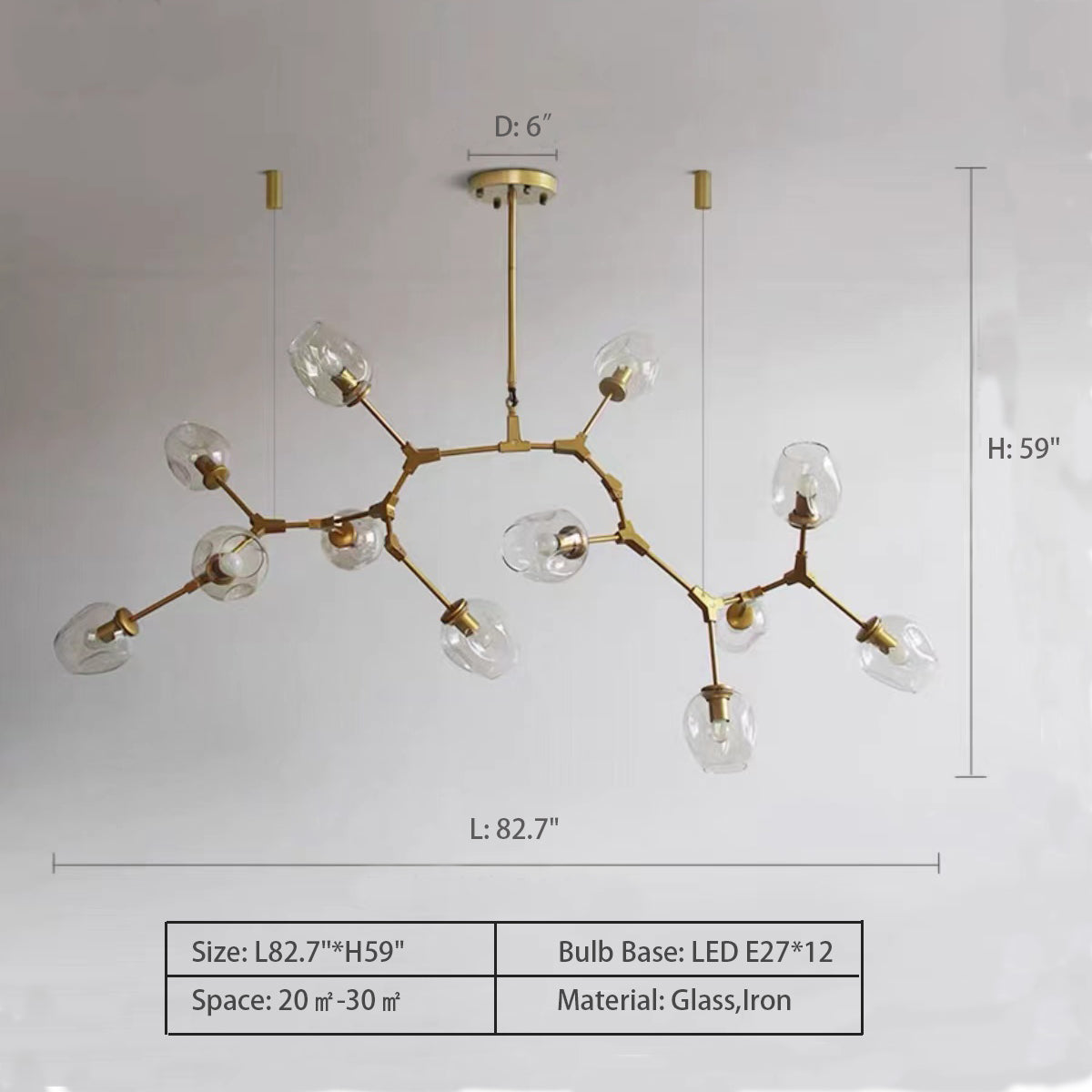 Modern Industrial Branch Chandelier with Multiple Glass Pendants Extra Large for Living or Dining Room