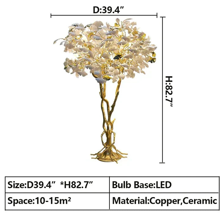 Luxury Creative White Ceramic Ginkgo Biloba Copper Branch Tree Floor Lamp for Living Room and Bedroom