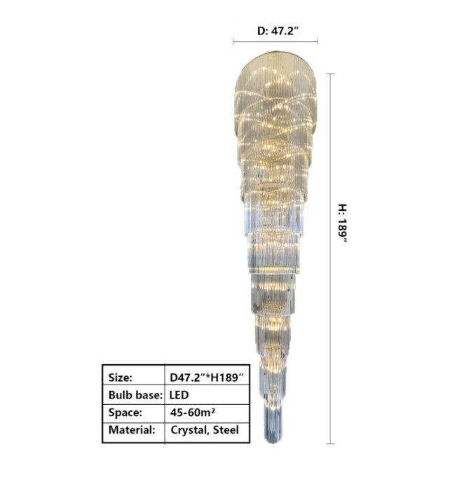 Extra Large Multi-layers Long Golden Crystal Chandelier for 2-Storey/Duplex Buildings/Dining Room/Staircase