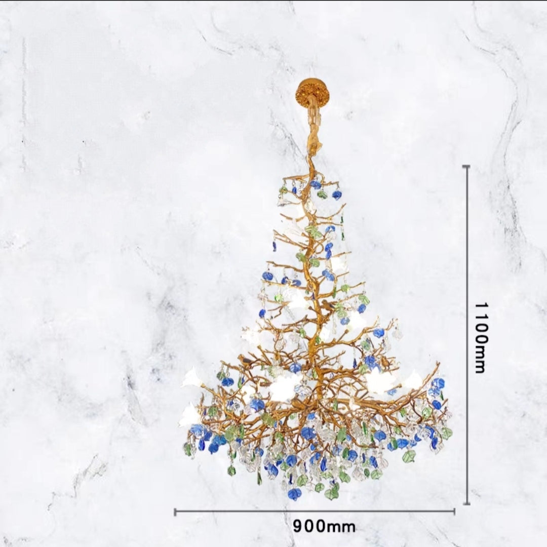 Stylish Colored Glaze Flower Crystal Chandelier Brass Tree Branch Ceiling Light For Living Room Hotel Hall