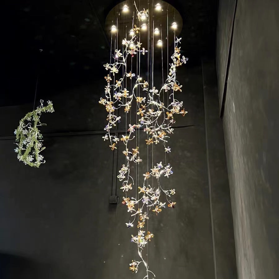 Luxury Branch Flower Crystal Chandelier for High Ceiling Staircase Foyer and Hallway Decor