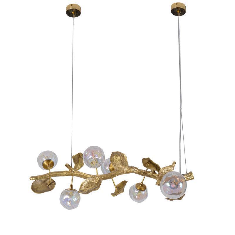 Organic Glass Bubble Brass Branch Chandelier with Leaves