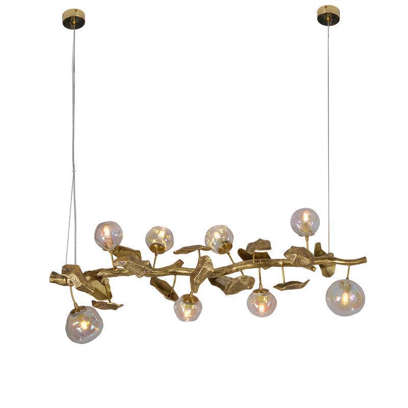 Long Organic Glass Bubble Brass Leaves Branch Chandelier 59" L