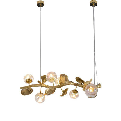 Organic Glass Bubble Brass Branch Chandelier with Leaves