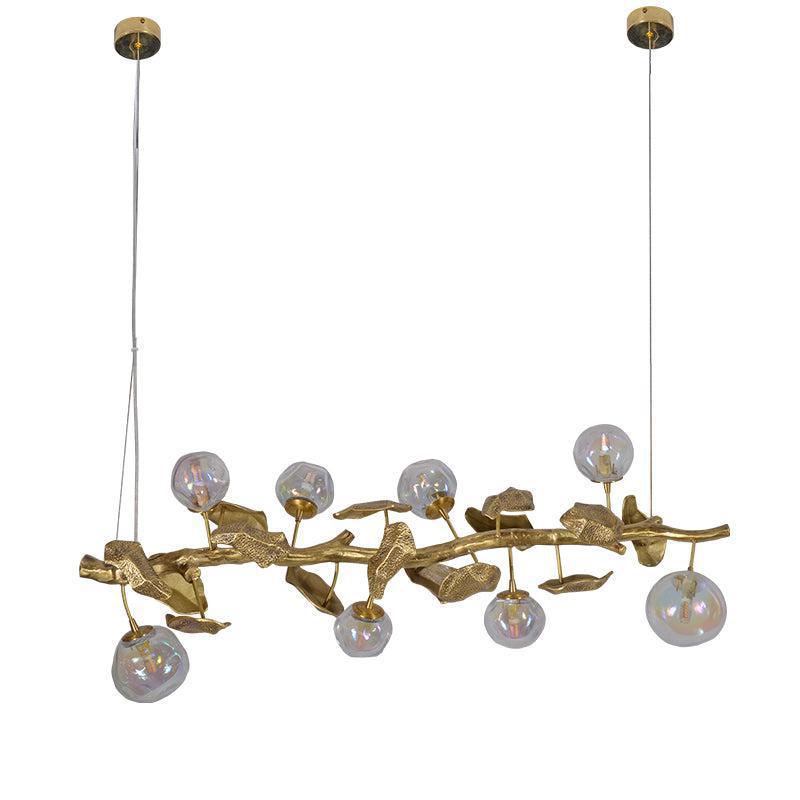 Long Organic Glass Bubble Brass Leaves Branch Chandelier 59" L