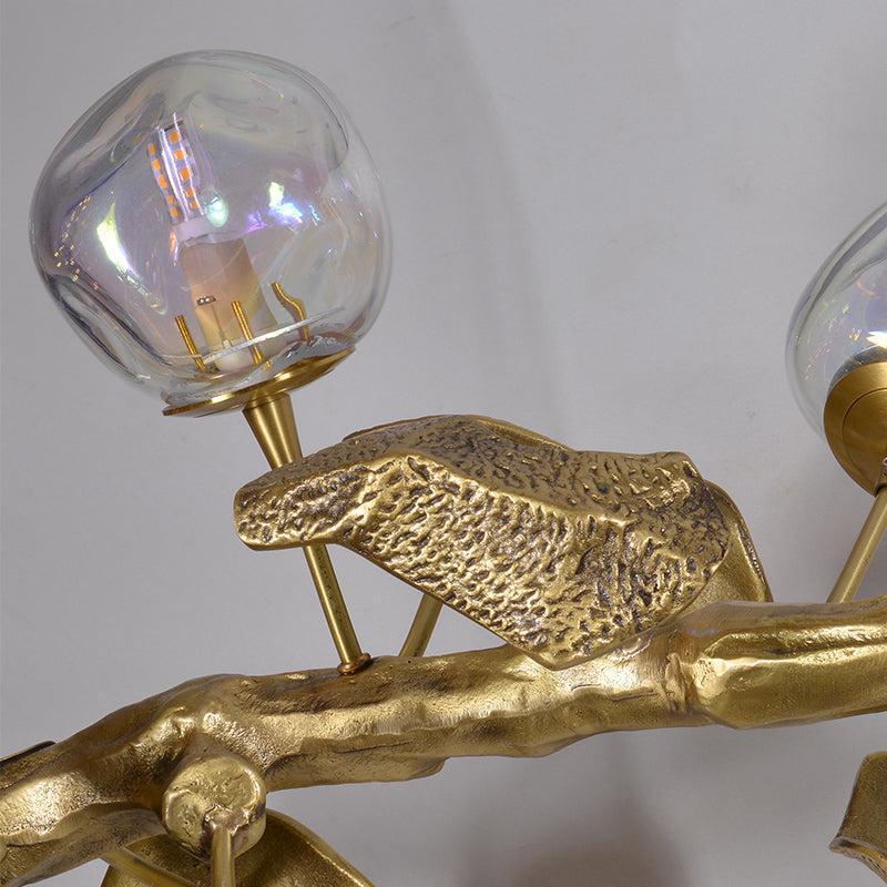 Long Organic Glass Bubble Brass Leaves Branch Chandelier 59" L