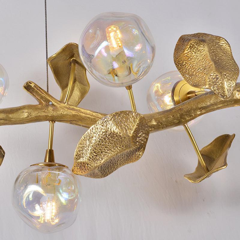 Organic Glass Bubble Brass Branch Chandelier with Leaves