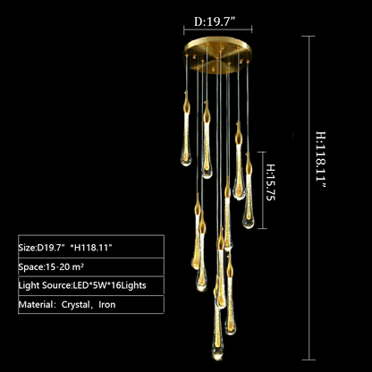 Foyer Glass Drops Pendant Chandelier Spiral Staircase High Ceiling Light Fixture In Gold Finish