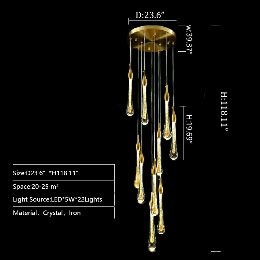 Foyer Glass Drops Pendant Chandelier Spiral Staircase High Ceiling Light Fixture In Gold Finish