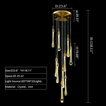 Foyer Glass Drops Pendant Chandelier Spiral Staircase High Ceiling Light Fixture In Gold Finish