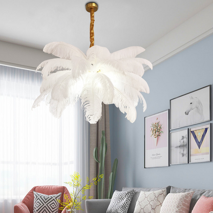 Art Deco Colorized Feather Brass Branch Chandelier