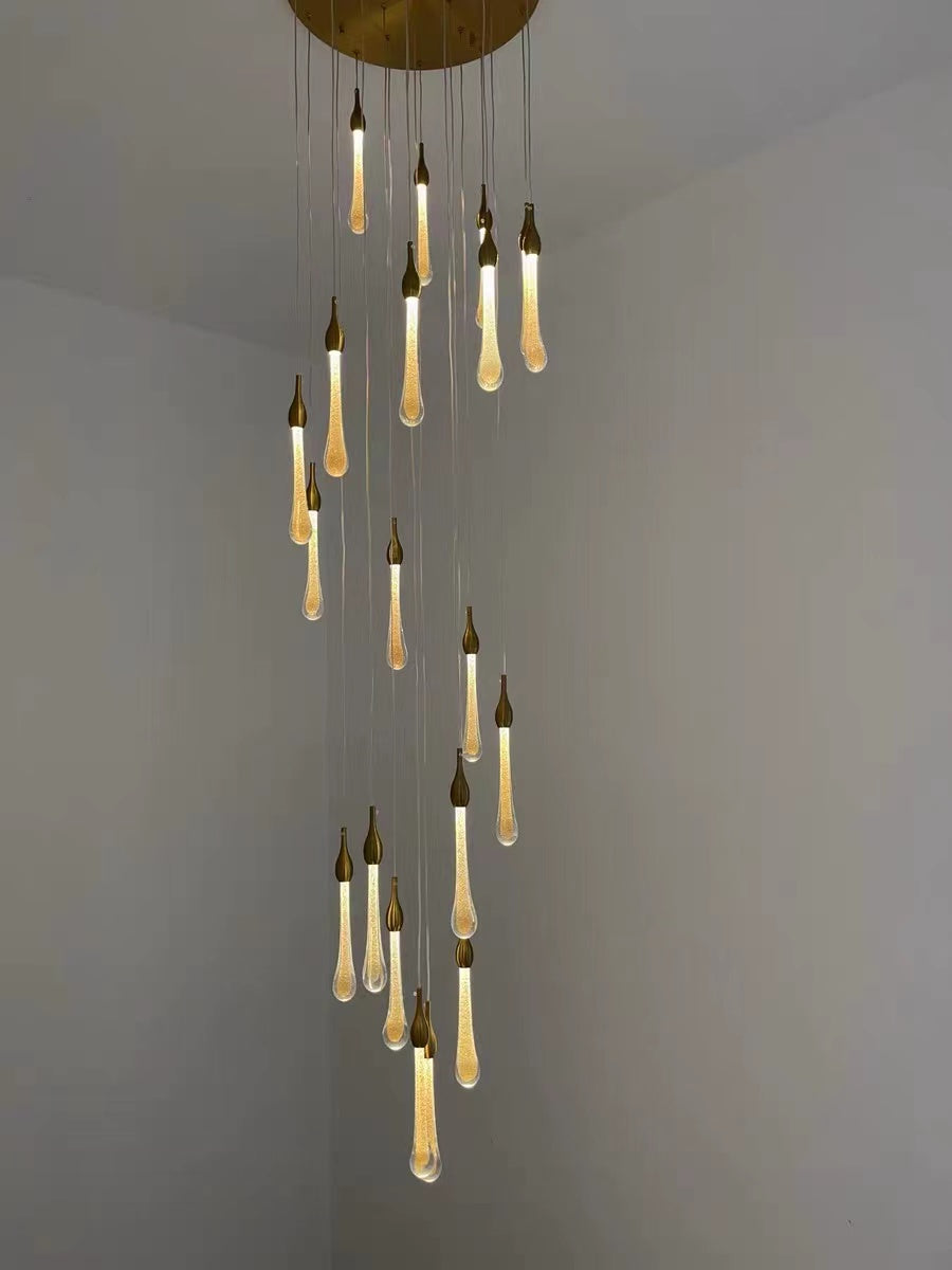 Foyer Glass Drops Pendant Chandelier Spiral Staircase High Ceiling Light Fixture In Gold Finish