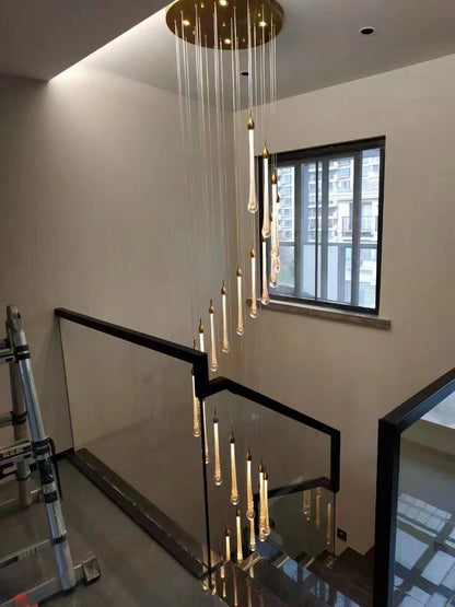 Foyer Glass Drops Pendant Chandelier Spiral Staircase High Ceiling Light Fixture In Gold Finish