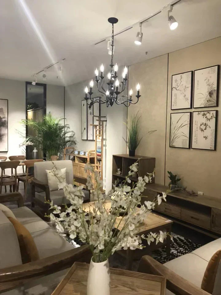 Multi Layer Iron Chandelier with Electronic Candles in Vintage Country Style for Living Room Cafe and Study