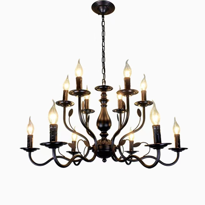 Multi Layer Iron Chandelier with Electronic Candles in Vintage Country Style for Living Room Cafe and Study