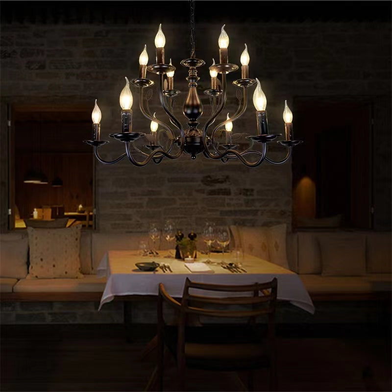 Multi Layer Iron Chandelier with Electronic Candles in Vintage Country Style for Living Room Cafe and Study