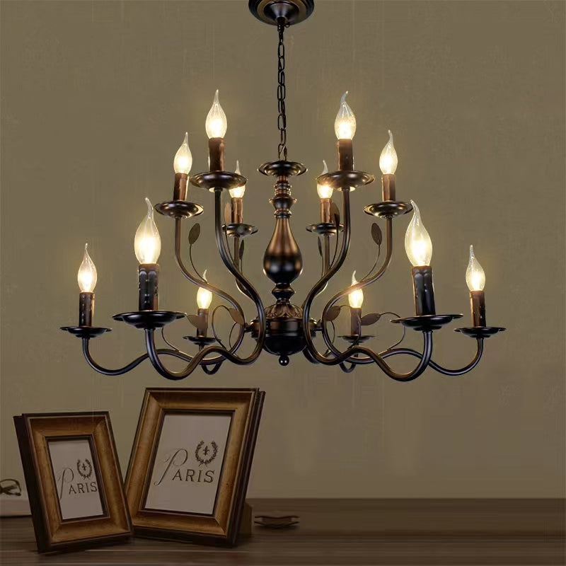 Multi Layer Iron Chandelier with Electronic Candles in Vintage Country Style for Living Room Cafe and Study