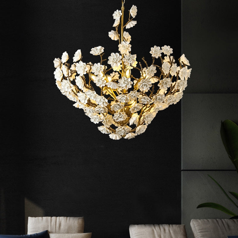 Brass and Ceramic Flower Art Chandelier Post Modern Light Luxury Style for Living and Dining Areas