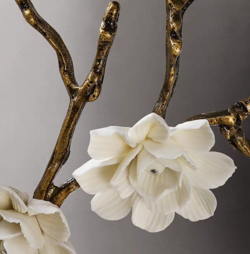 Brass and Ceramic Flower Art Chandelier Post Modern Light Luxury Style for Living and Dining Areas