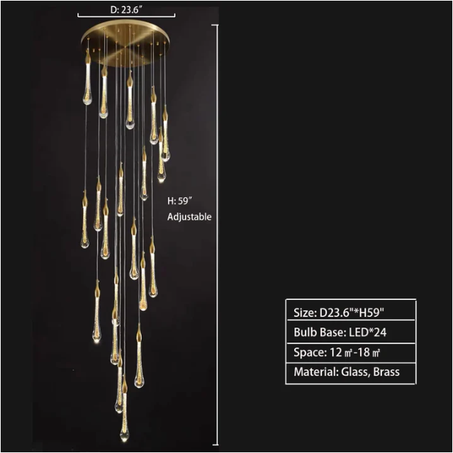 Modern Long Gold Glass Raindrop Rod Pendant Light for Staircase/High-ceiling room