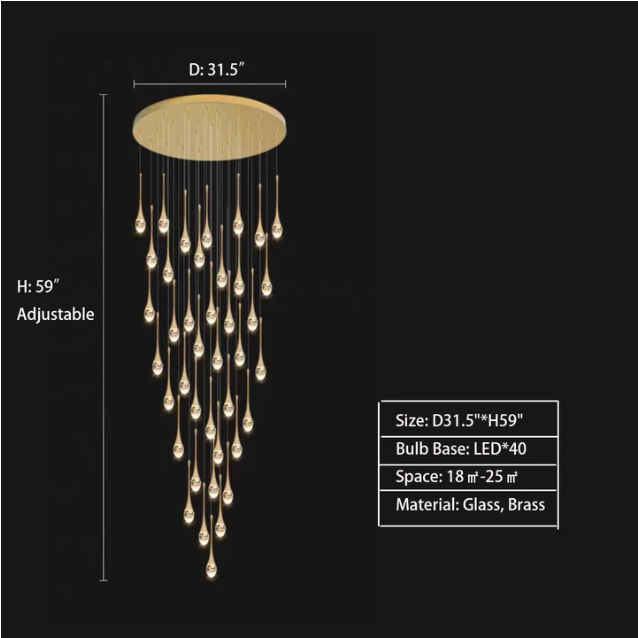 Modern Long Gold Glass Raindrop Rod Pendant Light for Staircase/High-ceiling room