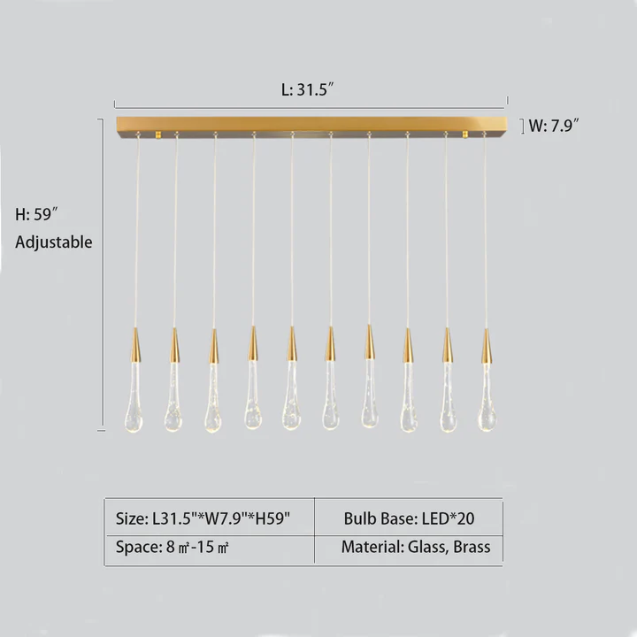 Modern Long Gold Glass Raindrop Rod Pendant Light for Staircase/High-ceiling room