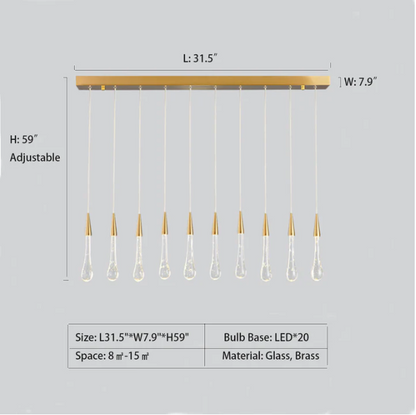 Modern Long Gold Glass Raindrop Rod Pendant Light for Staircase/High-ceiling room