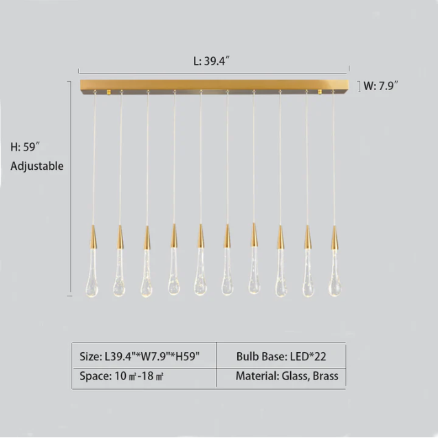 Modern Long Gold Glass Raindrop Rod Pendant Light for Staircase/High-ceiling room