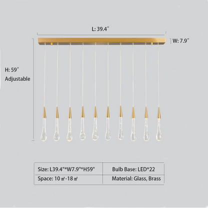 Modern Long Gold Glass Raindrop Rod Pendant Light for Staircase/High-ceiling room