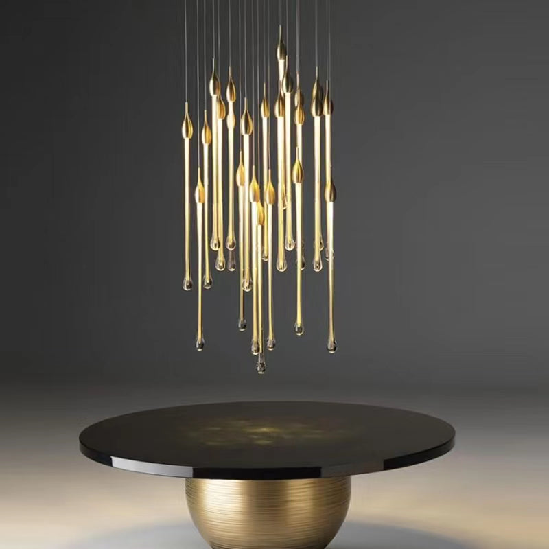 Modern Long Gold Glass Raindrop Rod Pendant Light for Staircase/High-ceiling room