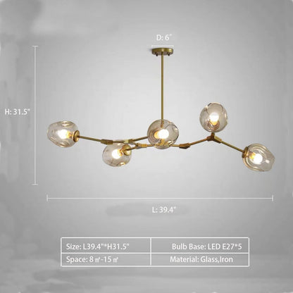 Modern Industrial Branch Chandelier with Multiple Glass Pendants Extra Large for Living or Dining Room