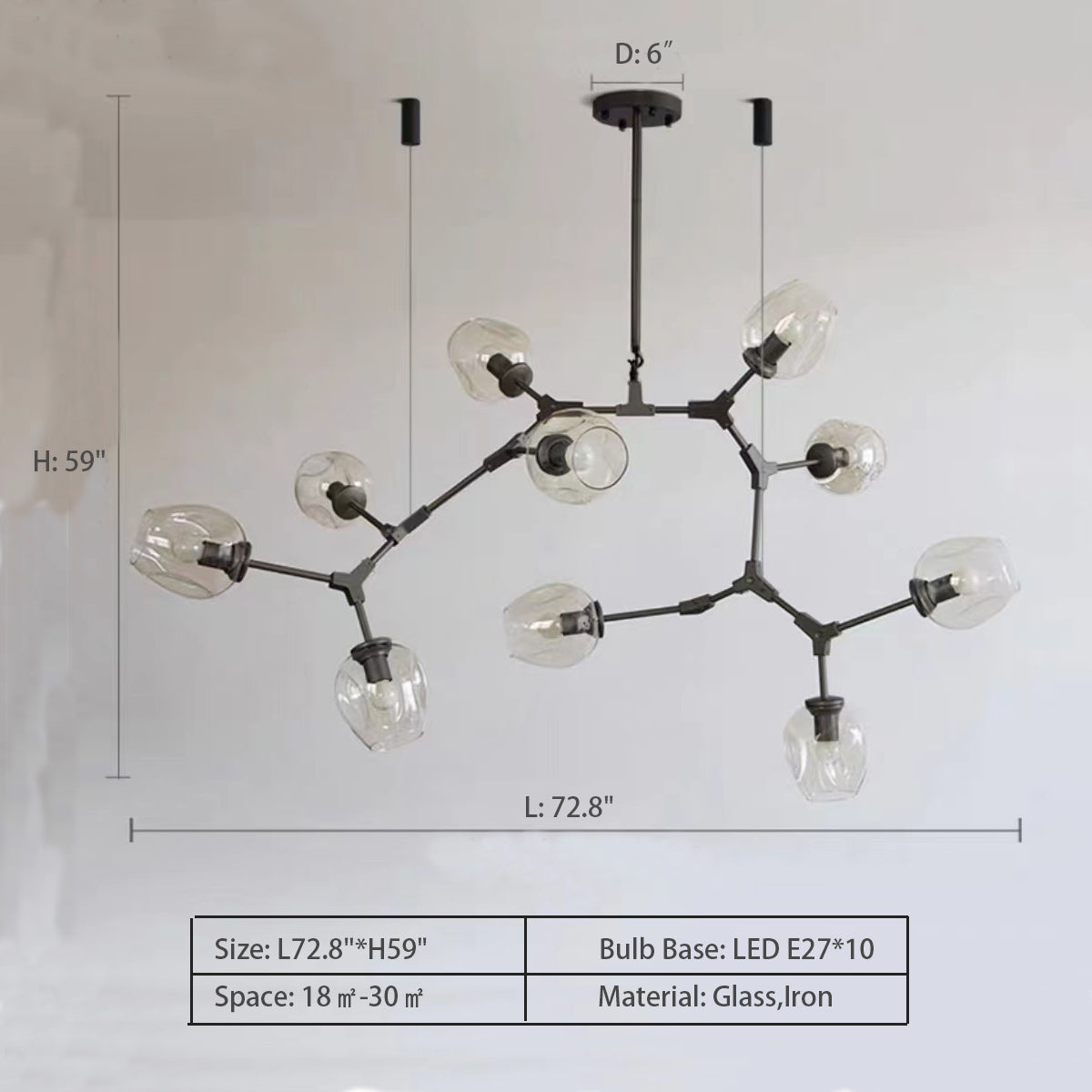 Modern Industrial Branch Chandelier with Multiple Glass Pendants Extra Large for Living or Dining Room