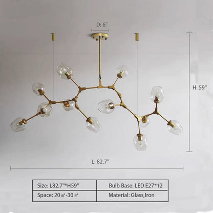Modern Industrial Branch Chandelier with Multiple Glass Pendants Extra Large for Living or Dining Room