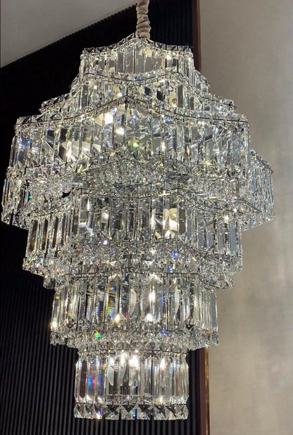 Extra Large Plaza Hall Multi-Tier Crystal Chandelier Foyer Living Room Staircase Ceiling Lighting Fixture In Chrome/Gold Finish