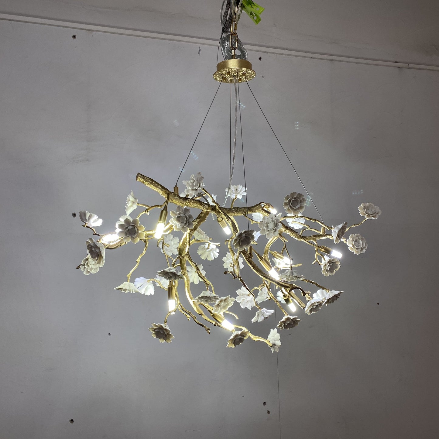 Post-Modern Art Brass and Ceramics Flower Pendant Branch Chandelier for Living/Dining Room