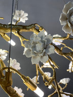 Post-Modern Art Brass and Ceramics Flower Pendant Branch Chandelier for Living/Dining Room