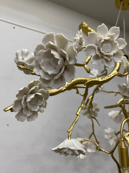 Post-Modern Art Brass and Ceramics Flower Pendant Branch Chandelier for Living/Dining Room