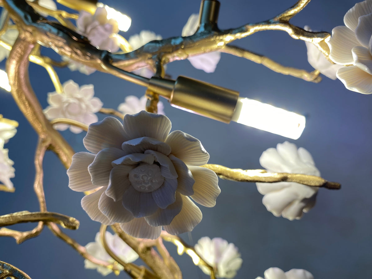 Post-Modern Art Brass and Ceramics Flower Pendant Branch Chandelier for Living/Dining Room