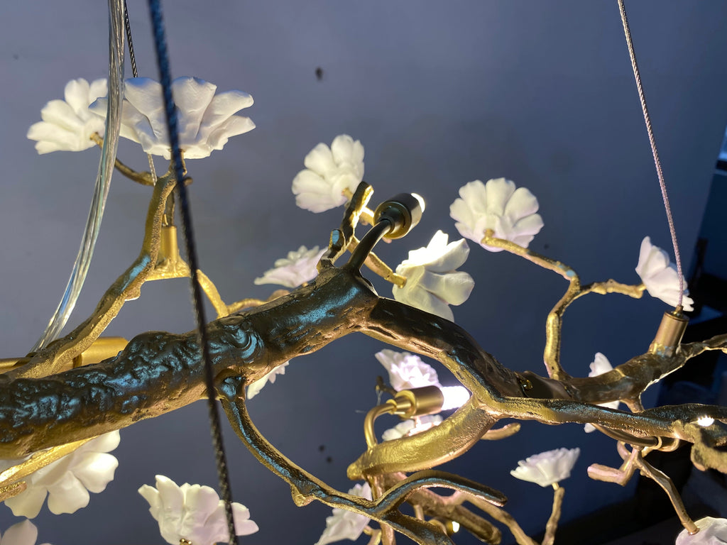 Post-Modern Art Brass and Ceramics Flower Pendant Branch Chandelier for Living/Dining Room