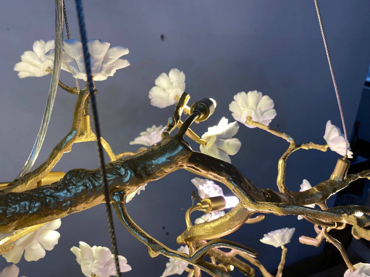 Post-Modern Art Brass and Ceramics Flower Pendant Branch Chandelier for Living/Dining Room