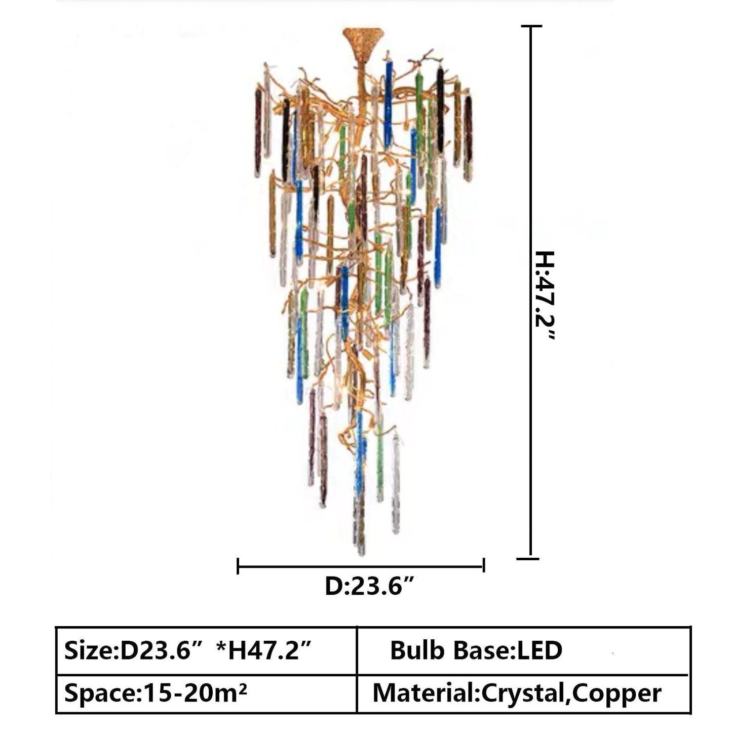 Modern Light Luxury Brass Branches Colored Glass Column Chandelier for Staircase/Living Room/High-ceiling Space