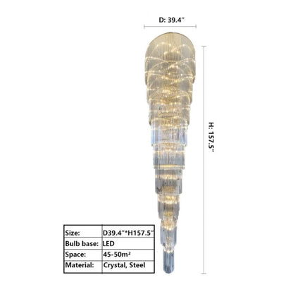 Extra Large Multi-layers Long Golden Crystal Chandelier for 2-Storey/Duplex Buildings/Dining Room/Staircase