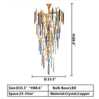 Modern Light Luxury Brass Branches Colored Glass Column Chandelier for Staircase/Living Room/High-ceiling Space