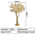 Luxury Creative White Ceramic Ginkgo Biloba Copper Branch Tree Floor Lamp for Living Room and Bedroom