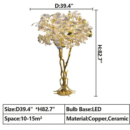 Luxury Creative White Ceramic Ginkgo Biloba Copper Branch Tree Floor Lamp for Living Room and Bedroom