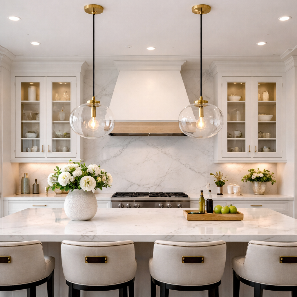 Modern kitchen with marble island, white cabinets, and decorative elements.