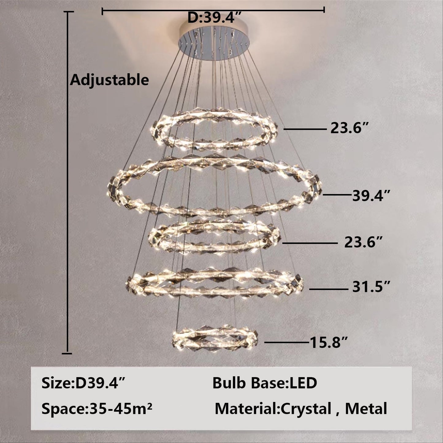 Oversized Multi-Tiered Rings Crystal Chandelier Modern Clear and Grey Crystal Ceiling Light Fixture For Staircase/Foyer/Hallway/Entryway