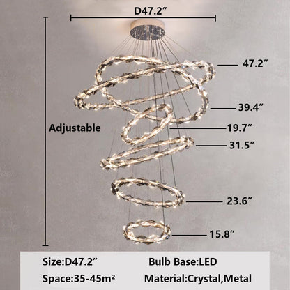 Oversized Multi-Tiered Rings Crystal Chandelier Modern Clear and Grey Crystal Ceiling Light Fixture For Staircase/Foyer/Hallway/Entryway