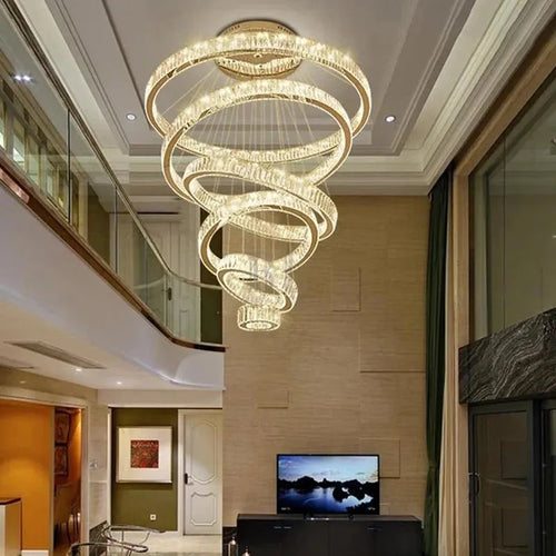 6 Tier Crystal Ring Chandelier for High Ceiling